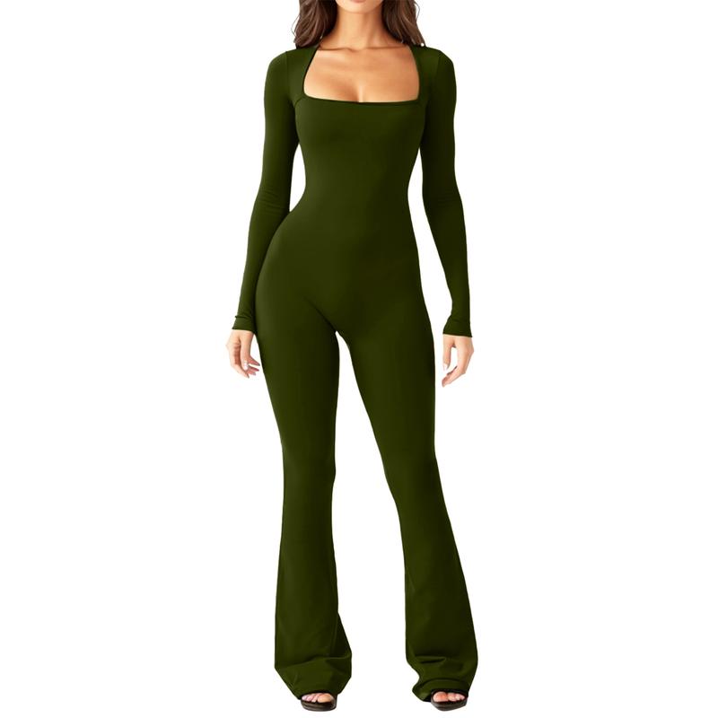 Women's Long Sleeve Belly Tie Waist Hip Lift Square Neck Wide Leg High Elastic Jumpsuit