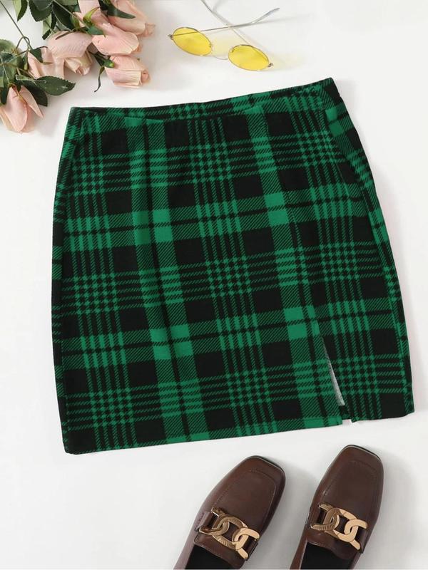 Women's Plaid Print Split Hem Bodycon Skirt, Casual Fashion Short Skirt for Daily Wear, Ladies Bottoms for All Seasons