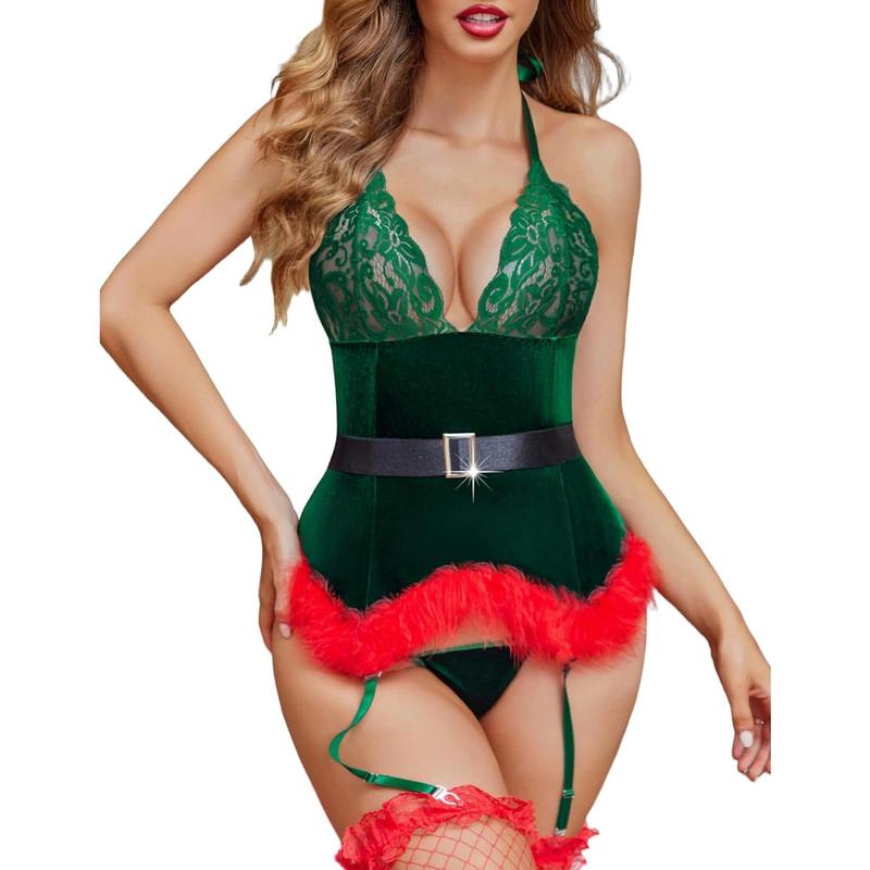 Christmas Lingerie Sets Women Garter Bustier Set Santa Babydoll Bodysuits Lace Chemise (No Stockings) S-XXL