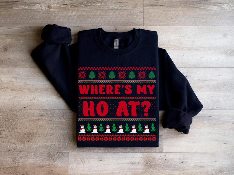 Where's My Ho At Couple's Christmas Sweater, Unisex Funny Couples Ugly Christmas Sweater, Couples Matching Ugly Christmas Sweater