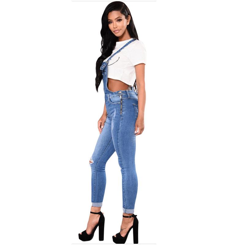 Women's ripped denim suspender Sleeveless Trouser, Comfort denim pencil pants jumpsuit, Womenswear Casual Overalls