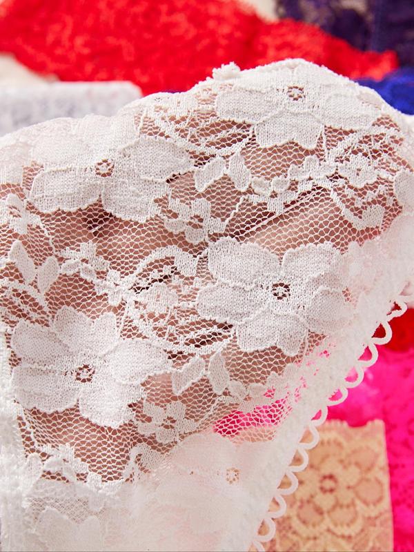 Women's Bow Decor Scallop Trim Floral Lace Thong, Soft Comfy Breathable Knicker for Daily Wear, Women's Underwear for All Seasons