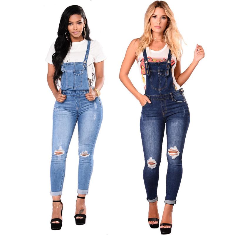 Women's ripped denim suspender Sleeveless Trouser, Comfort denim pencil pants jumpsuit, Womenswear Casual Overalls