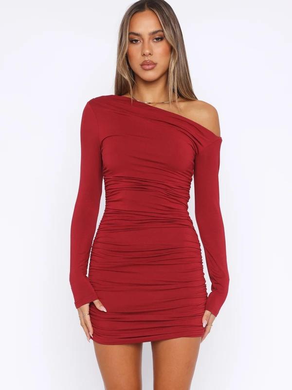 Women's Plain Ruched Asymmetrical Neck Bodycon Dress, Elegant Long Sleeve Short Dress for Party Club Dating Wear, Ladies Clothes for All Seasons