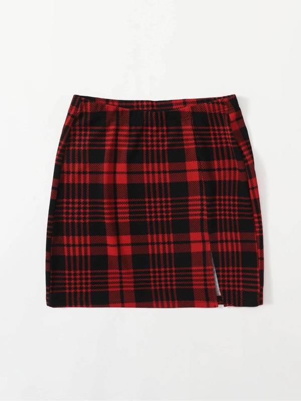 Women's Plaid Print Split Hem Bodycon Skirt, Casual Fashion Short Skirt for Daily Wear, Ladies Bottoms for All Seasons