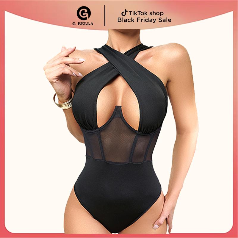 Women's Cut Out Halter Bodysuit - Sexy High Stretch Skinny Top with Criss Cross Detail spaghetti strap sexy bodysuits