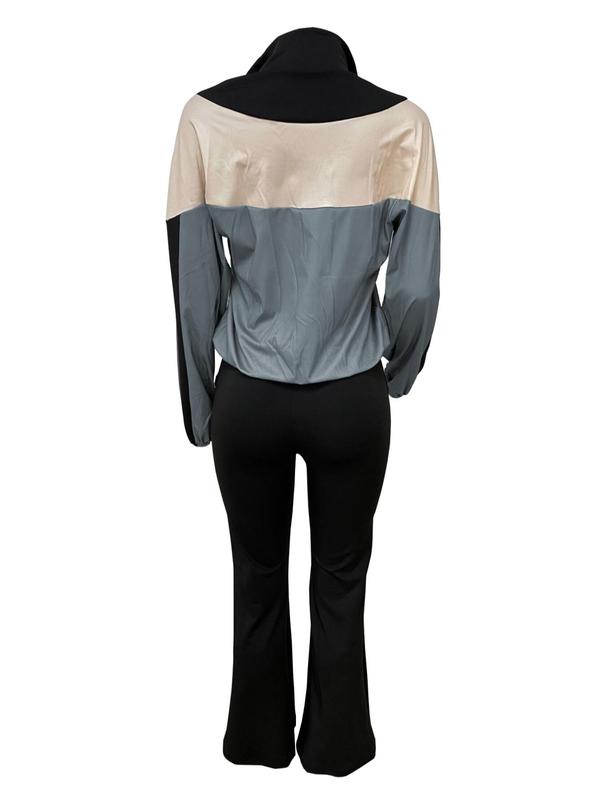 Women's Colorblock Zip Up Crop Jacket & Flare Leg Pants Two-piece Set, Casual Fashion Cozy Breathable Two Piece Outfits for Daily Outdoor Wear, Women Clothes for Fall & Winter