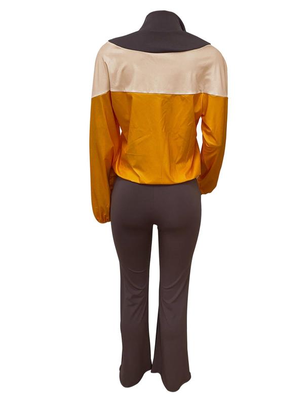 Women's Colorblock Zip Up Crop Jacket & Flare Leg Pants Two-piece Set, Casual Fashion Cozy Breathable Two Piece Outfits for Daily Outdoor Wear, Women Clothes for Fall & Winter