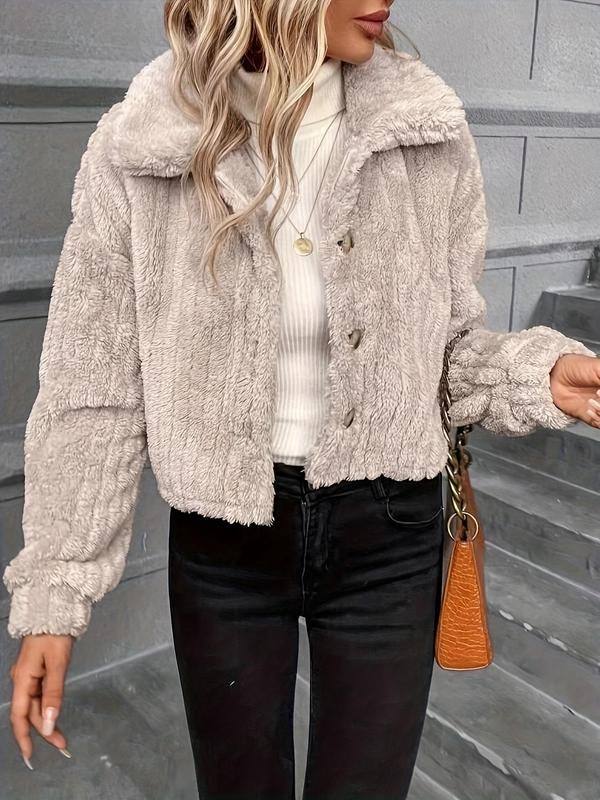 Women's Solid Button Front Drop Shoulder Fuzzy Jacket, Casual Long Sleeve Collared  Outerwear for Fall & Winter, Ladies Clothes for Daily Wear