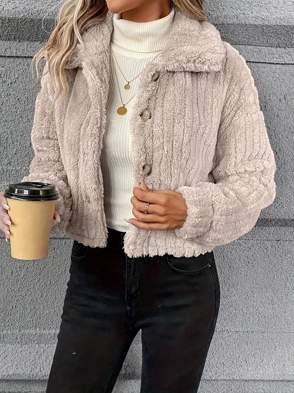 Women's Solid Button Front Drop Shoulder Fuzzy Jacket, Casual Long Sleeve Collared  Outerwear for Fall & Winter, Ladies Clothes for Daily Wear