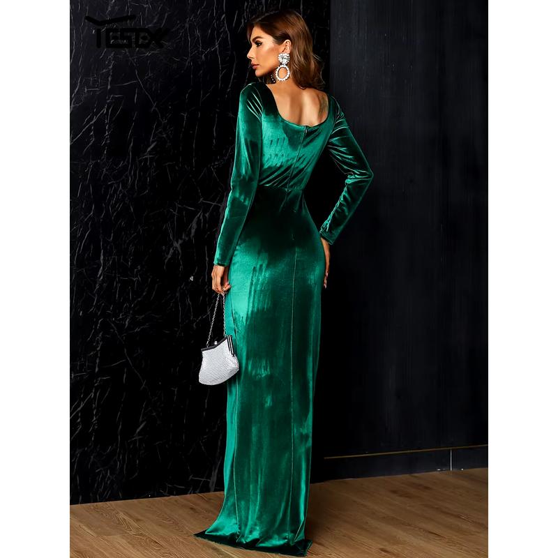 Yesexy Women Christmas Party Dresses Velvet Sexy Maxi Long Sleeve Elegant Evening Vestidos Bodycon Fashion Dress Yesexy