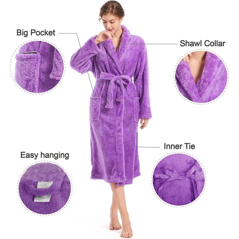 Inner Wish Womens Plush Fleece Robe, Cozy Warm Bathrobe Fuzzy Female Spa Robe With Pockets