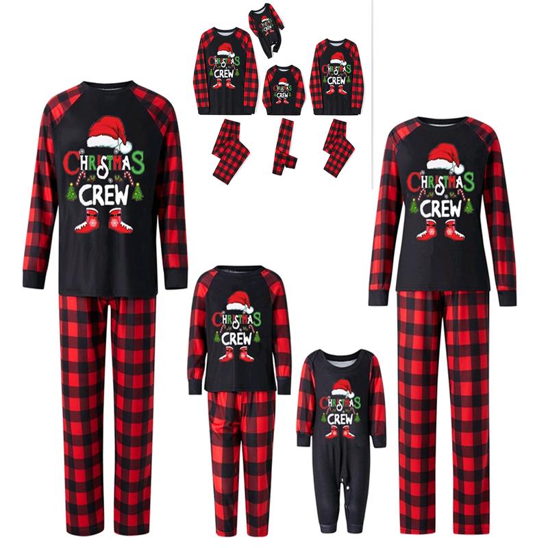 Hot Matching Christmas Pajamas For Family, Baby Romper Letter Christmas Hat Print Long Sleeve Tops + Plaid Pants Sleepwear Set