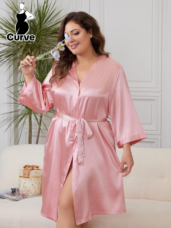 Plus Size Solid Belted Tie Front Wrap Lounge Robe, Elegant Casual Long Sleeve V Neck Satin Pajama Robe, Women's Sleepwear for All Seasons