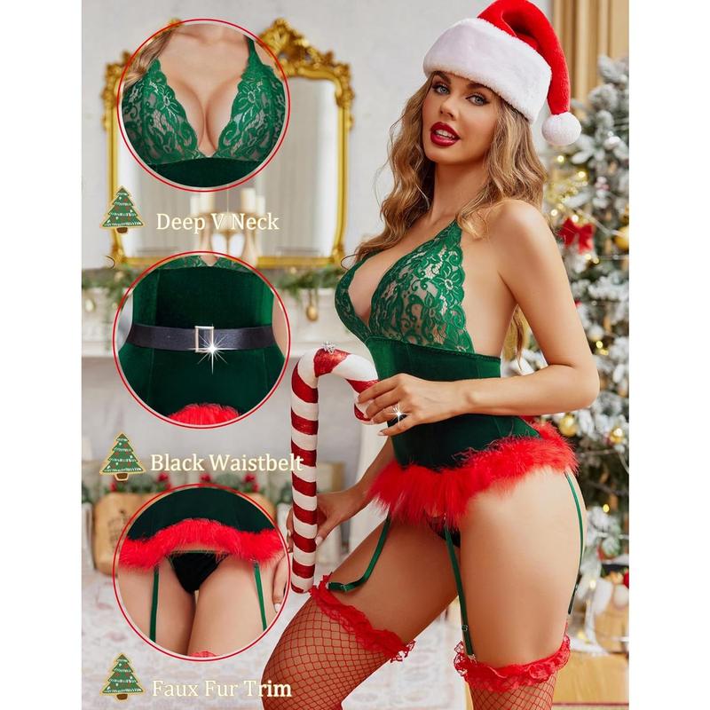 Christmas Lingerie Sets Women Garter Bustier Set Santa Babydoll Bodysuits Lace Chemise (No Stockings) S-XXL