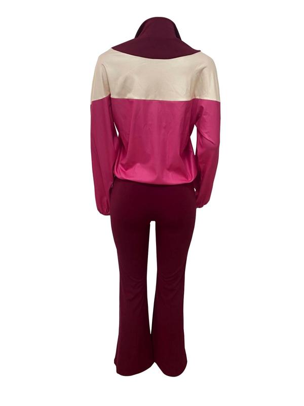Women's Colorblock Zip Up Crop Jacket & Flare Leg Pants Two-piece Set, Casual Fashion Cozy Breathable Two Piece Outfits for Daily Outdoor Wear, Women Clothes for Fall & Winter