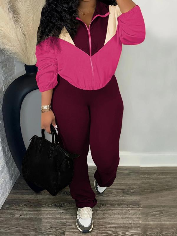 Women's Colorblock Zip Up Crop Jacket & Flare Leg Pants Two-piece Set, Casual Fashion Cozy Breathable Two Piece Outfits for Daily Outdoor Wear, Women Clothes for Fall & Winter