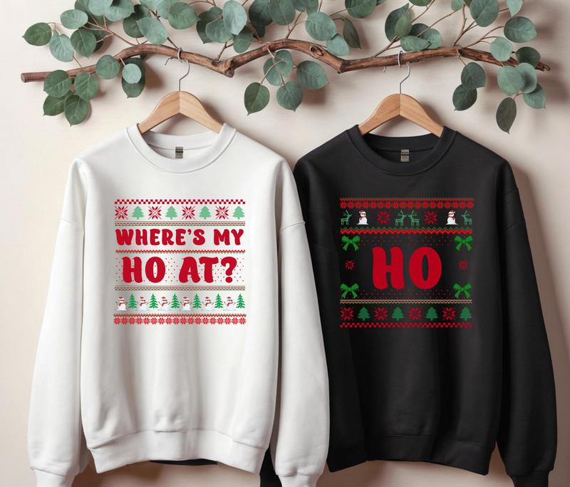 Where's My Ho At Couple's Christmas Sweater, Unisex Funny Couples Ugly Christmas Sweater, Couples Matching Ugly Christmas Sweater