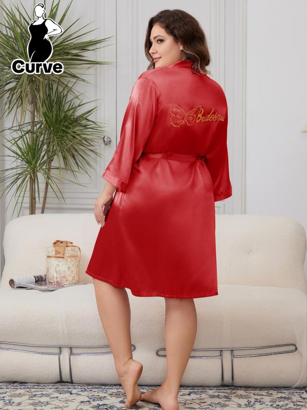 Plus Size Solid Belted Tie Front Wrap Lounge Robe, Elegant Casual Long Sleeve V Neck Satin Pajama Robe, Women's Sleepwear for All Seasons