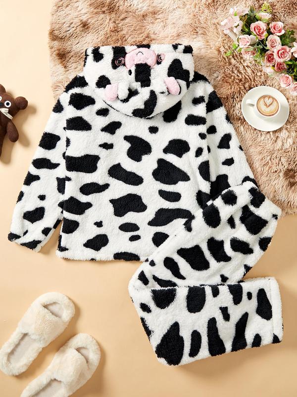 Two-Piece Set Women's Cow Print Thermal Lined Hooded Flannel Pajama Set, Cute Embroidery Long Sleeve Pocket Hooded Top & Pants PJ Set, Women's Sleepwear for Fall & Winter