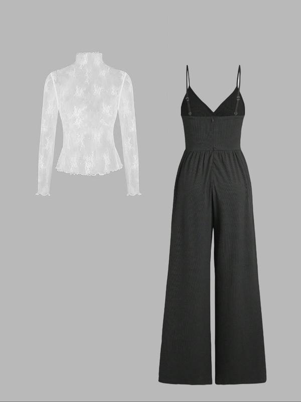 Women's Solid Sheer Top & Backless Jumpsuit Two-piece Set, Elegant Fashion Casual Mock Neck Top & Jumpsuit for Daily Outdoor Wear, Ladies Clothes for All Seasons