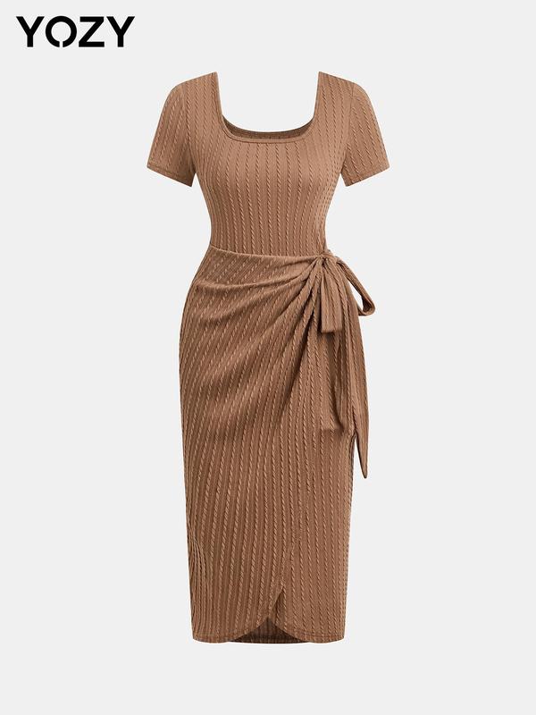 YOZY [size 4-14] Textured Knotted Wrap MIdi Dress, Casual Short Sleeve Square Neck Midi Dress, 2024 Women's Summer Outfits For Daily Outdoor Wear, [S-XXL]