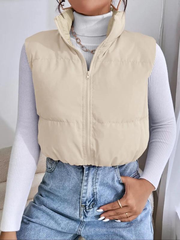 Women's Solid Zip Up Funnel Neck Vest Jacket, Casual Puffer Gilet for Spring & Fall, Women's Clothing for Daily Wear