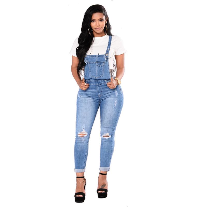 Women's ripped denim suspender Sleeveless Trouser, Comfort denim pencil pants jumpsuit, Womenswear Casual Overalls