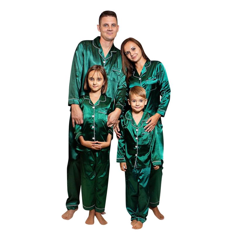 2PCS Christmas Satin Pajamas PJ's Solid Family Matching Xmas Winter Long Sleeve Sleepwear Pants Set For Kid Boys Girls Woman Man