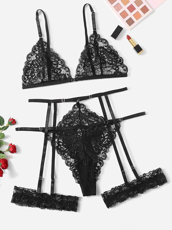 Women's Floral Lace Sheer Sexy Lingerie Set, Adjustable Strap Bra & Scallop Trim Cut Out Garter Belt Thong & Thigh Ring Set, Fashion Lingerie Set for All Seasons