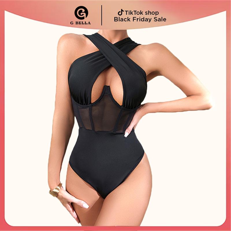 Women's Cut Out Halter Bodysuit - Sexy High Stretch Skinny Top with Criss Cross Detail spaghetti strap sexy bodysuits