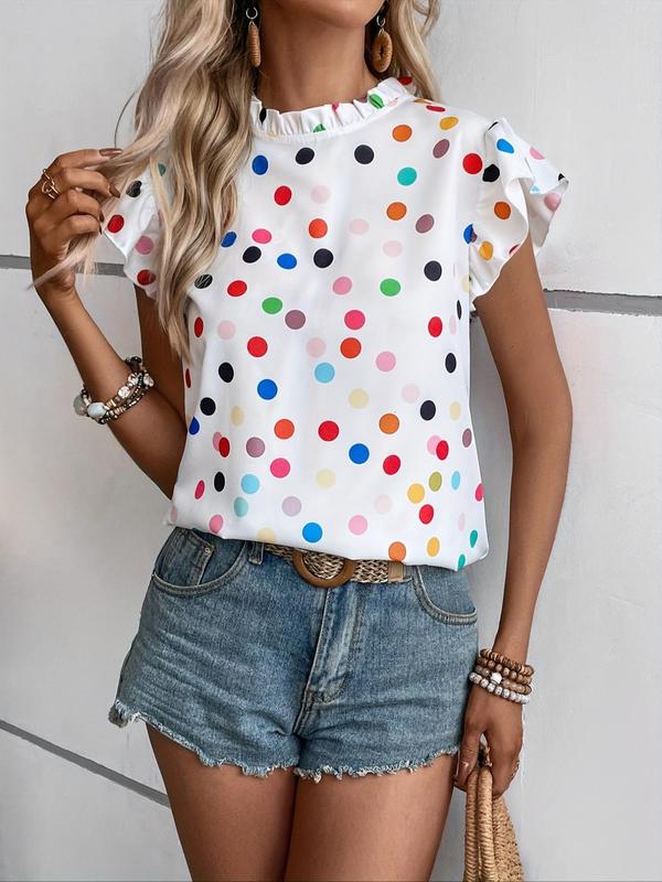 Women's Polka Dot Print Frill Ruffle Butterfly Sleeve Blouse, Casual Mock Neck Button Front Top for Summer, Ladies Clothes for Daily Wear