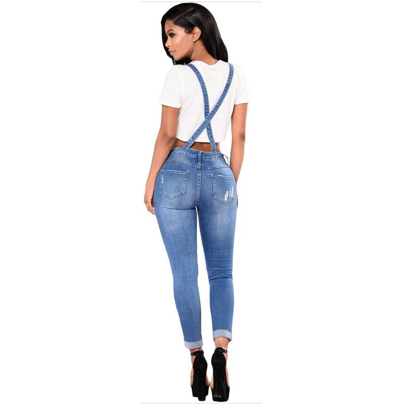 Women's ripped denim suspender Sleeveless Trouser, Comfort denim pencil pants jumpsuit, Womenswear Casual Overalls