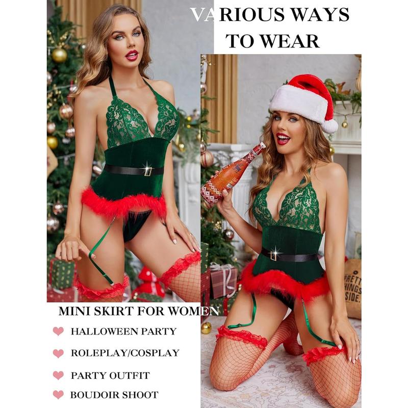 Christmas Lingerie Sets Women Garter Bustier Set Santa Babydoll Bodysuits Lace Chemise (No Stockings) S-XXL