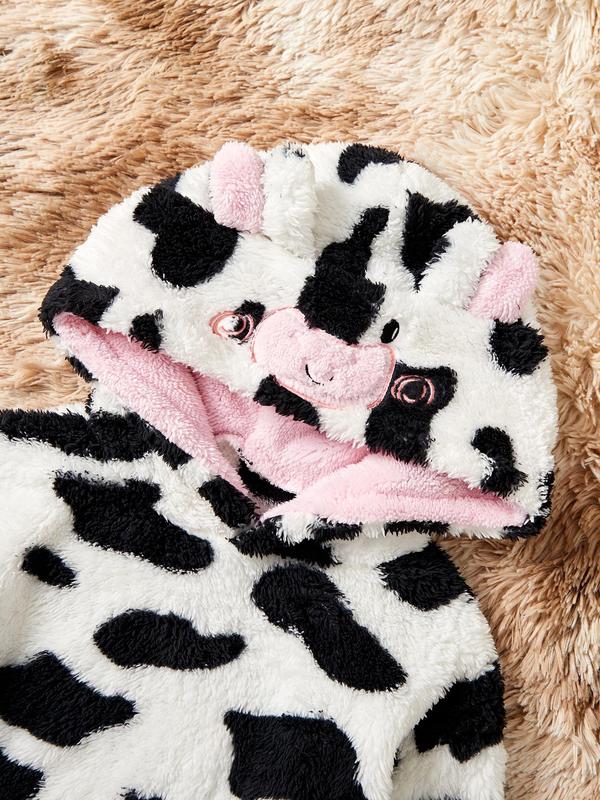 Two-Piece Set Women's Cow Print Thermal Lined Hooded Flannel Pajama Set, Cute Embroidery Long Sleeve Pocket Hooded Top & Pants PJ Set, Women's Sleepwear for Fall & Winter