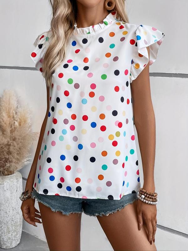 Women's Polka Dot Print Frill Ruffle Butterfly Sleeve Blouse, Casual Mock Neck Button Front Top for Summer, Ladies Clothes for Daily Wear