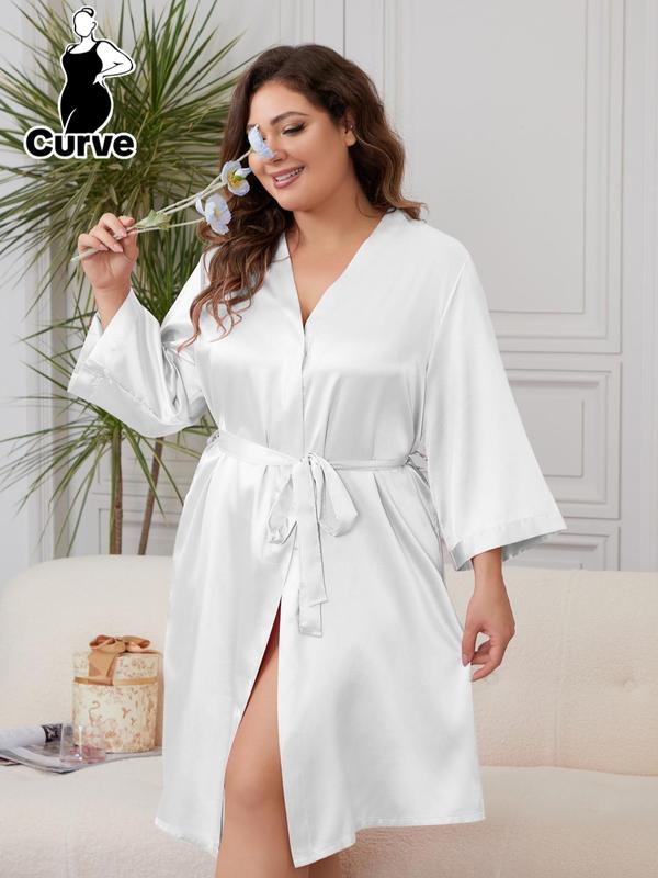 Plus Size Solid Belted Tie Front Wrap Lounge Robe, Elegant Casual Long Sleeve V Neck Satin Pajama Robe, Women's Sleepwear for All Seasons