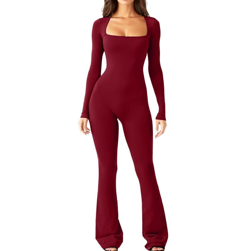 Women's Long Sleeve Belly Tie Waist Hip Lift Square Neck Wide Leg High Elastic Jumpsuit