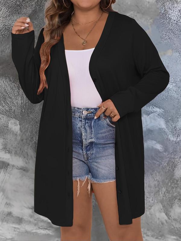 Plus Size Solid Button Front Long Sleeve Sweater Cardigan, Casual  Knitwear for Fall & Winter, Women's Plus Clothing for Daily Wear