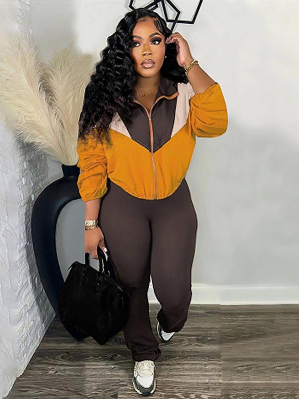 Women's Colorblock Zip Up Crop Jacket & Flare Leg Pants Two-piece Set, Casual Fashion Cozy Breathable Two Piece Outfits for Daily Outdoor Wear, Women Clothes for Fall & Winter
