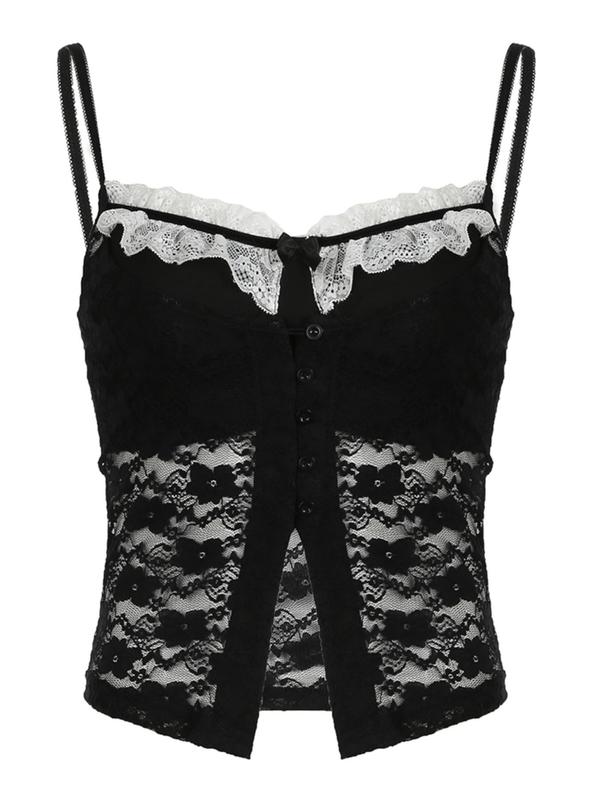 Women's Contrast Floral Lace Button Front Split Hem Crop Cami Top, Sheer Lace Top for Summer, Fashion Women's Top for Daily Wear