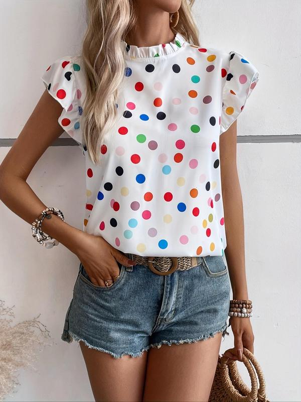 Women's Polka Dot Print Frill Ruffle Butterfly Sleeve Blouse, Casual Mock Neck Button Front Top for Summer, Ladies Clothes for Daily Wear