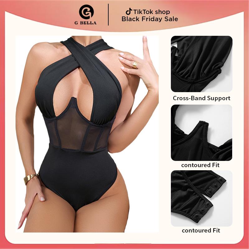 Women's Cut Out Halter Bodysuit - Sexy High Stretch Skinny Top with Criss Cross Detail spaghetti strap sexy bodysuits