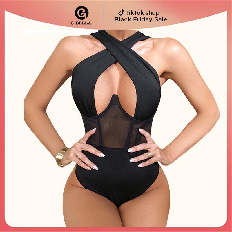 Women's Cut Out Halter Bodysuit - Sexy High Stretch Skinny Top with Criss Cross Detail spaghetti strap sexy bodysuits