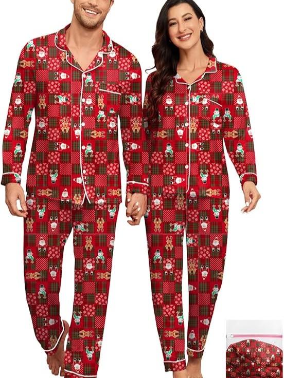 Matching Christmas Pajamas Couples Modal Pajama Set Long Sleeve Pjs Button Up Sleepwear Soft Loungewear for Festival Party - Comfort Fabric