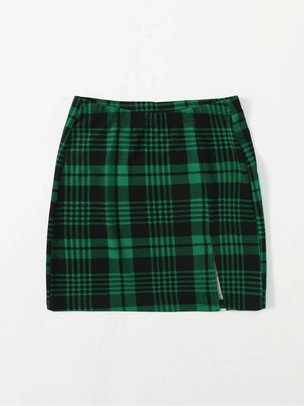 Women's Plaid Print Split Hem Bodycon Skirt, Casual Fashion Short Skirt for Daily Wear, Ladies Bottoms for All Seasons