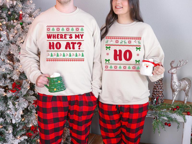 Where's My Ho At Couple's Christmas Sweater, Unisex Funny Couples Ugly Christmas Sweater, Couples Matching Ugly Christmas Sweater