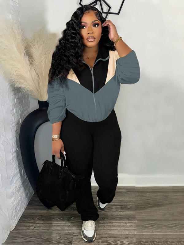 Women's Colorblock Zip Up Crop Jacket & Flare Leg Pants Two-piece Set, Casual Fashion Cozy Breathable Two Piece Outfits for Daily Outdoor Wear, Women Clothes for Fall & Winter