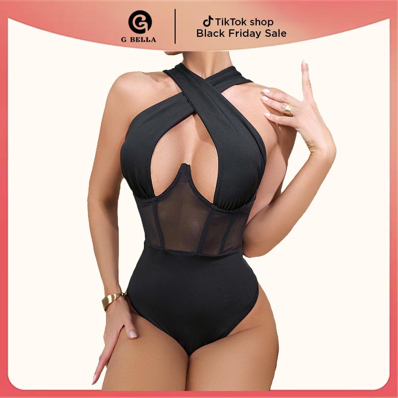 Women's Cut Out Halter Bodysuit - Sexy High Stretch Skinny Top with Criss Cross Detail spaghetti strap sexy bodysuits