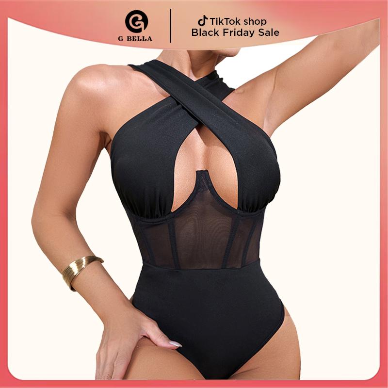 Women's Cut Out Halter Bodysuit - Sexy High Stretch Skinny Top with Criss Cross Detail spaghetti strap sexy bodysuits